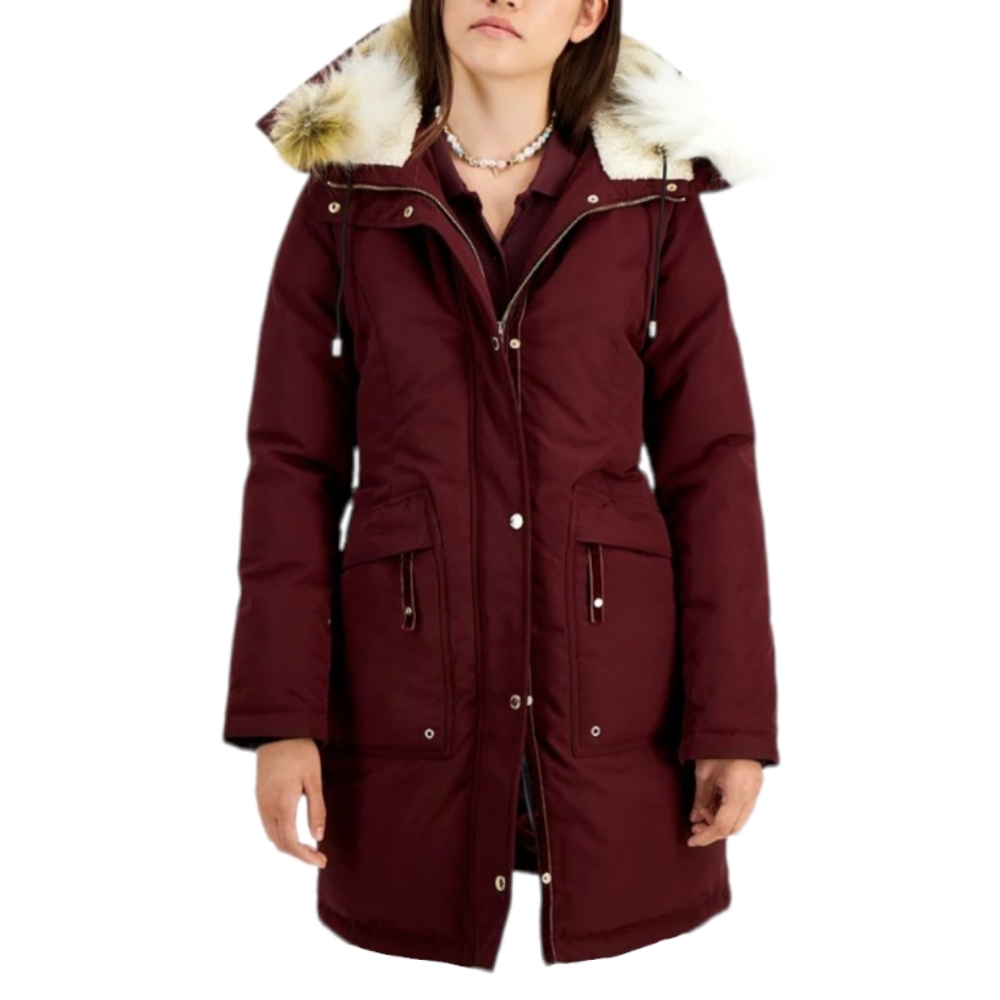 Sam Edelman Women's Faux Fur Trim Hooded Down Parka Maroon XL